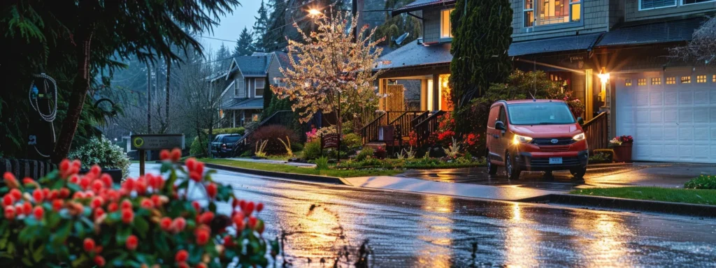 a bustling tacoma street scene at twilight showcases a bright, illuminated plumbing van parked outside a cozy home, with water droplets glistening on nearby flowers, symbolizing urgent response and reliability in emergency plumbing.