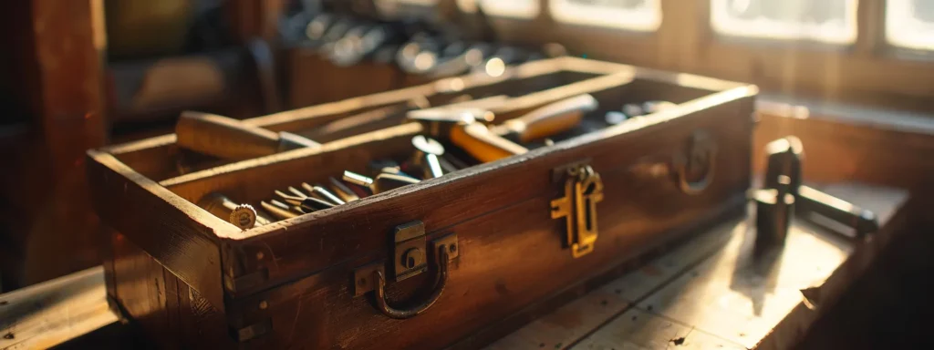 a close-up of a well-organized toolbox filled with plumbing tools, bathed in warm, natural sunlight streaming through a nearby window, symbolizing the professionalism and transparency of plumbing services.