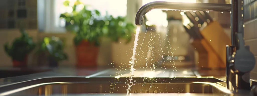 a close-up of a gleaming, high-quality faucet with water cascading over its polished surface, set against a backdrop of a beautifully maintained kitchen, highlighting the importance of reliable plumbing services.