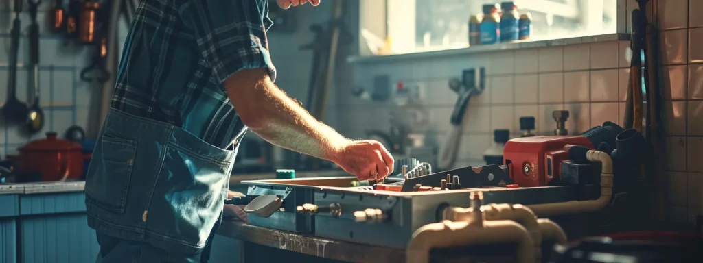 a confident homeowner inspects an open toolbox filled with plumbing tools, surrounded by pipes and fixtures, illuminated by warm, natural light streaming through a nearby window, symbolizing empowerment through diy plumbing knowledge.