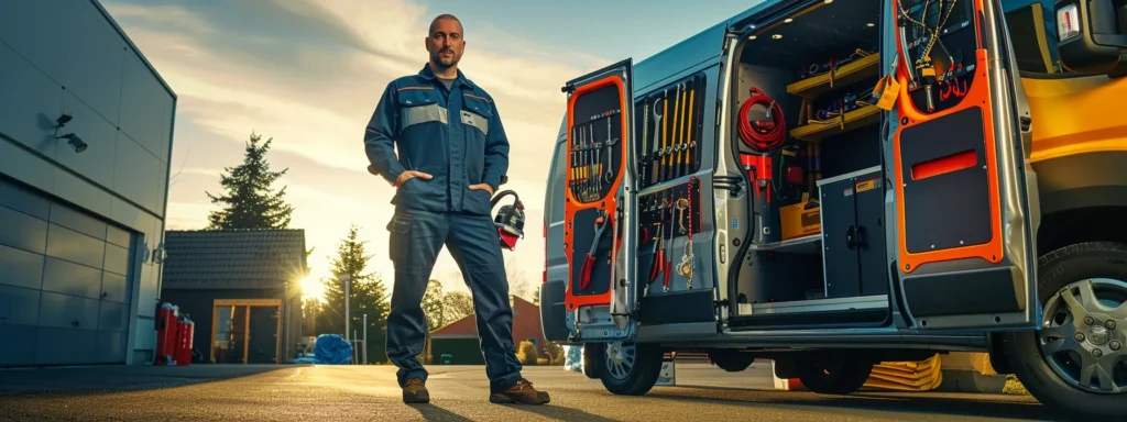 a confident plumber in a work uniform stands proudly beside his gleaming van, with vibrant plumbing tools neatly organized inside, all set against the backdrop of a clear tacoma sky, emphasizing professionalism and readiness for emergency services.