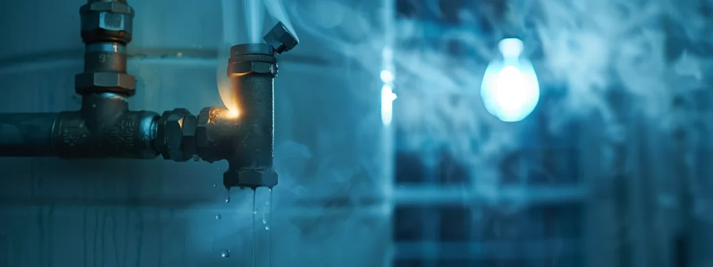 a dramatic close-up of a crucial moment in a plumbing emergency, showcasing a water heater with steam rising, illuminated by soft, ambient lighting that emphasizes the urgency of effective communication between homeowners and their tacoma emergency plumber.