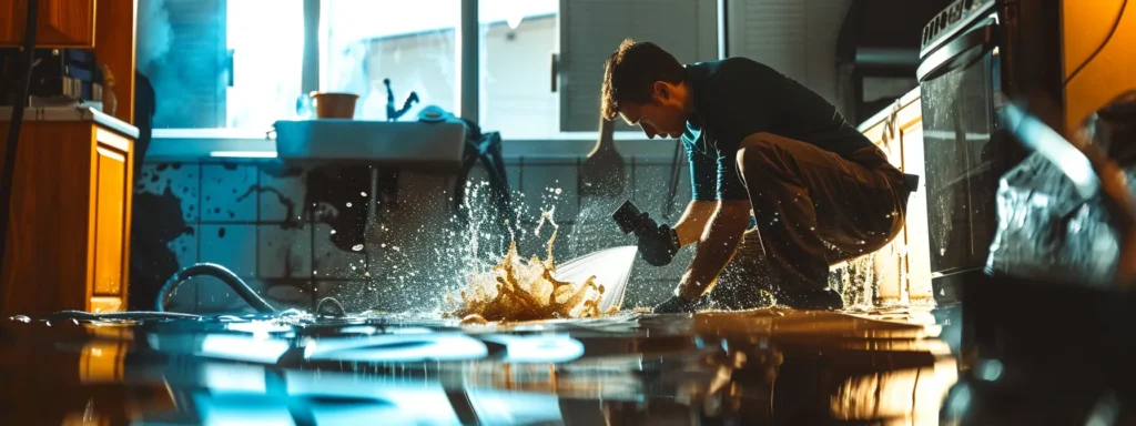 a dramatic scene captures a skilled plumber in action, expertly fixing a burst pipe against the backdrop of a flooded room, illuminated by urgent overhead lighting that emphasizes the chaos and highlights the importance of swift, professional plumbing services.