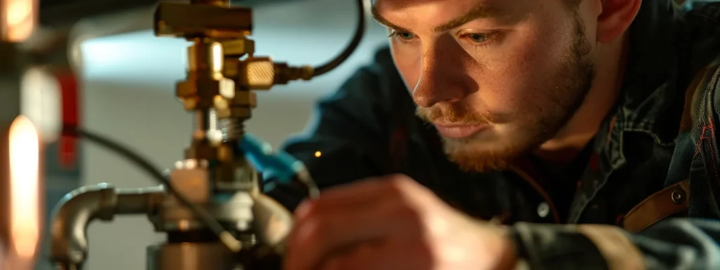 a dynamic close-up of a skilled plumber expertly diagnosing a plumbing issue with advanced tools, illuminated by warm, natural light filtering through a window, showcasing the importance of timely home maintenance in tacoma.