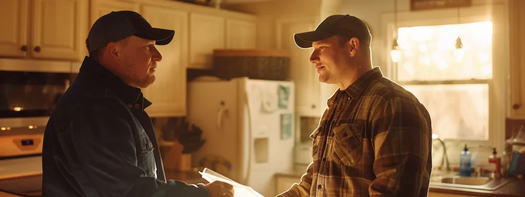 a focused and vibrant scene of a knowledgeable plumber discussing essential maintenance strategies with a homeowner against the backdrop of a well-lit tacoma kitchen, emphasizing a sense of trust and professionalism in plumbing services.