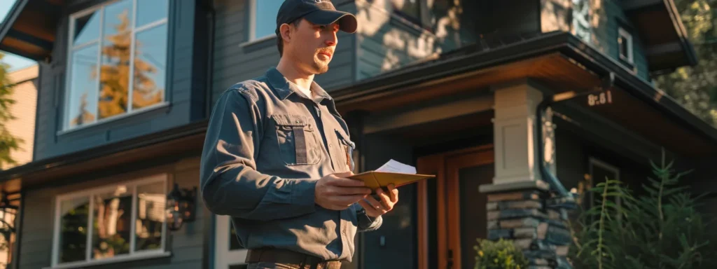 a knowledgeable plumber, confidently reviewing local regulations while standing in front of a modern tacoma home, illuminated by warm morning light, conveys the importance of understanding licensing and consumer rights in emergency plumbing situations.