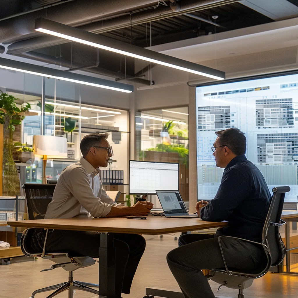 a modern, sleek office environment filled with professionals engaging in a focused discussion while reviewing detailed hvac system blueprints and maintenance plans.