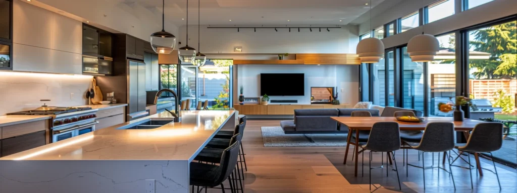 a modern tacoma home showcases sleek smart plumbing features, with glistening eco-friendly water softening systems seamlessly integrated into a stylish kitchen, illuminated by warm natural light, emphasizing innovation and sustainability.