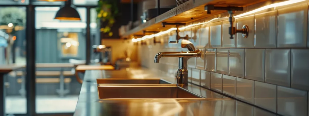 a sleek, modern commercial plumbing installation gleams under bright, ambient lighting in a bustling tacoma restaurant, showcasing innovative design and efficiency in action.