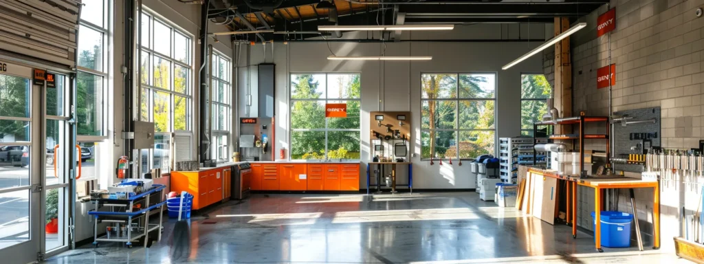a vibrant image of a modern plumbing workshop in tacoma, showcasing gleaming tools and equipment, bathed in warm, natural light filtering through large windows, highlighting the focus on efficiency and expertise in commercial plumbing solutions.