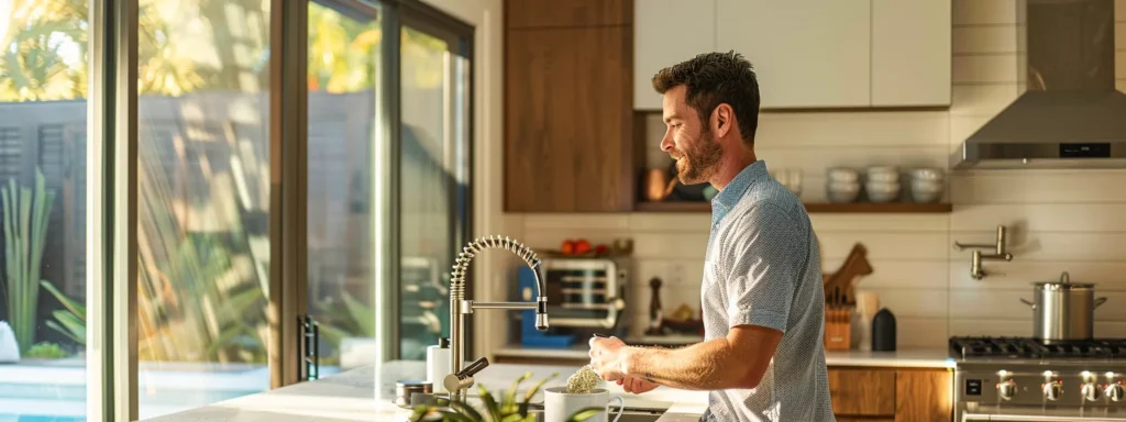 a vibrant, inviting kitchen showcases a skilled plumber attentively inspecting modern plumbing fixtures, bathed in warm natural light, emphasizing professionalism and trust in home maintenance services.