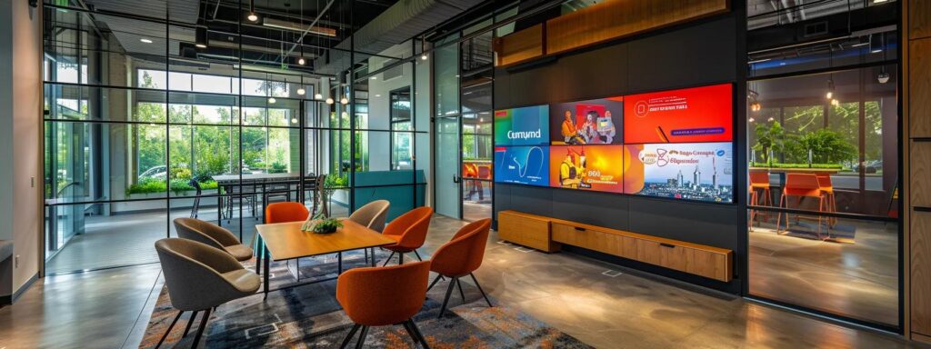 a sleek, modern office space features a digital marketing display showcasing vibrant ads for plumbing services, emphasizing professionalism and innovation in the industry.