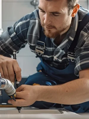 a dynamic plumber in action, expertly fixing a complex pipe system in a modern, well-lit bathroom, surrounded by tools and plumbing materials that reflect professionalism and efficiency.
