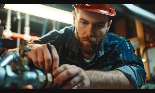 a skilled technician expertly repairs a modern plumbing system in a bustling tacoma business, showcasing efficiency and professionalism under the warm glow of overhead lights.